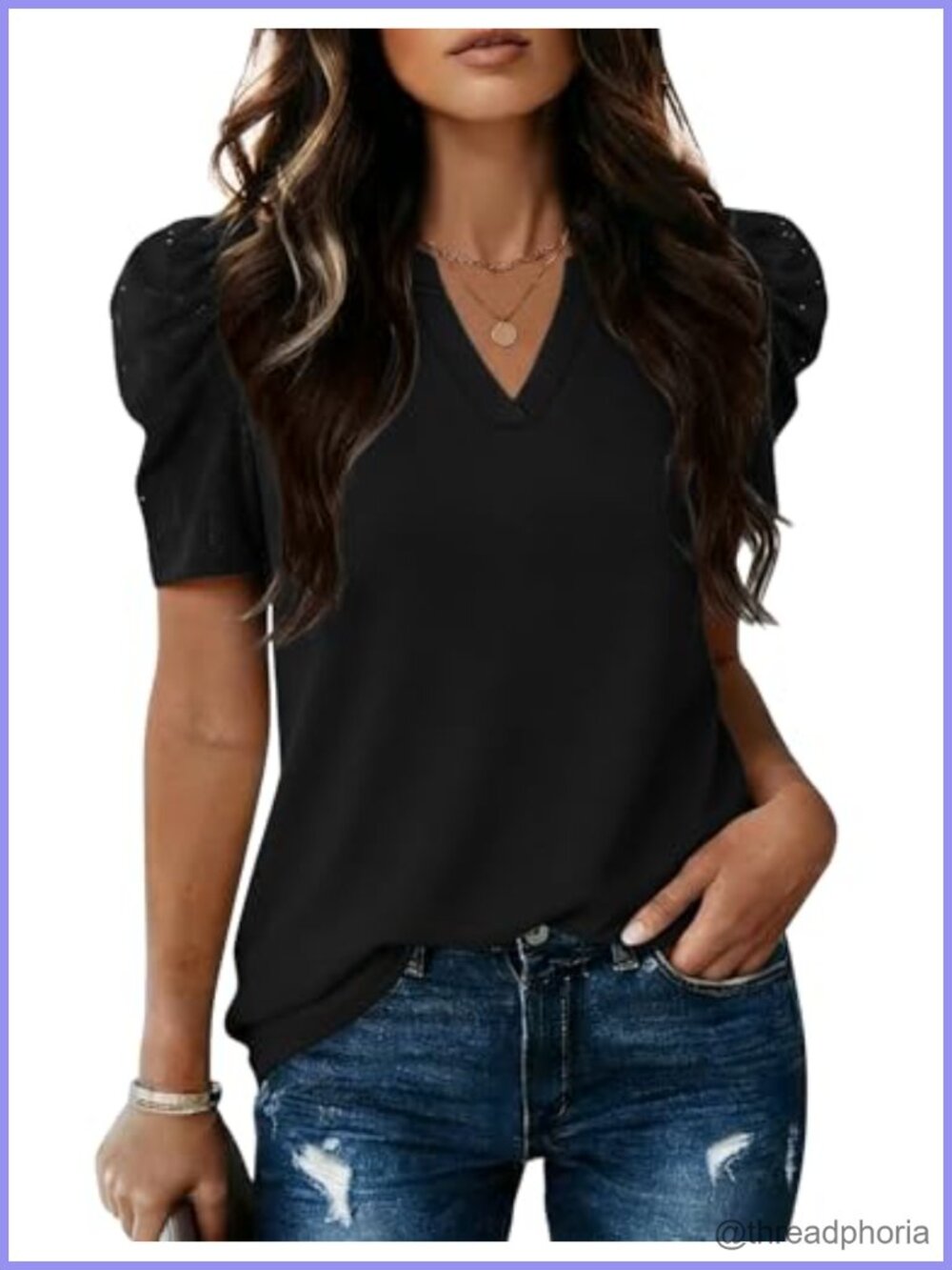 V Neck Puff Short Sleeve Blouse Peasant Top Work Casual S-XXL